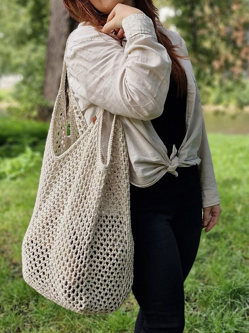 beżowa torba siatka na zakupy i na plażę, ekologiczna torba na szydełku z bawełny, ręcznie robiona torba shopper