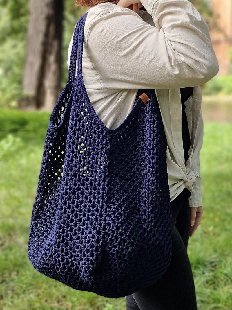 granatowa torba siatka na zakupy i na plażę, shopper bag, siatkowa ekologiczna torba