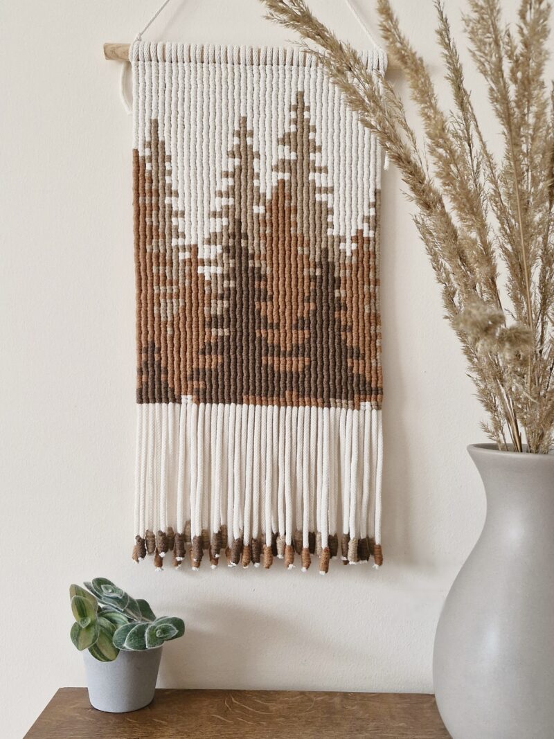 makrama jesienny las, dekoracja na ścianę, jesienne dodatki do domu w odcieniach beżu, makrama obraz na ścianę, pleciony obrazek