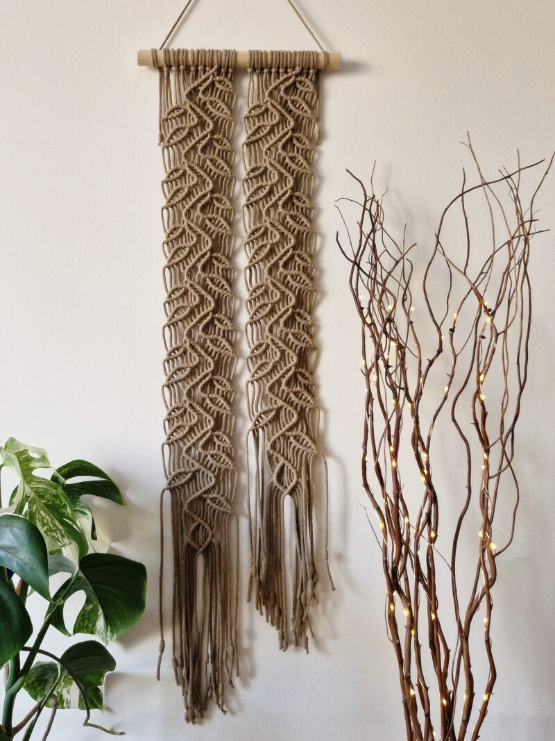 makrama beżowa liście, makrama drzewo, makrama na ściane, jesienne dekoracje, motywy roślinne