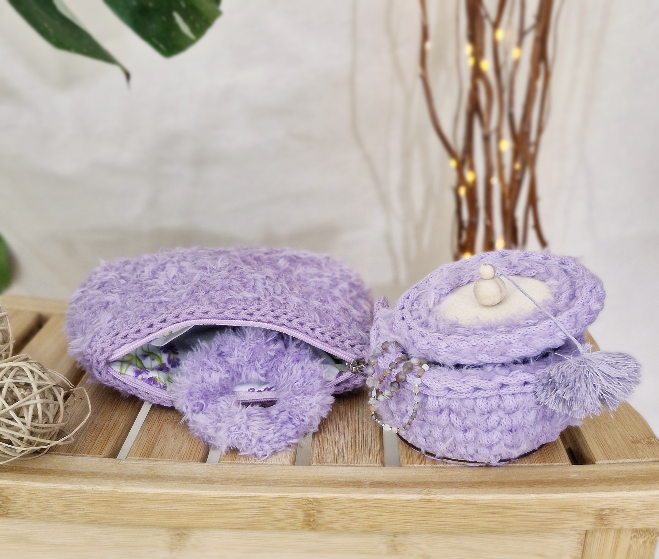 zestaw włochaty futerkowy kosmetyczka , gumka do włosów, szkatułka na drobiazgi, prezent dla dziewczyny, prezent dla niej, fioletowy zestaw prezentowy