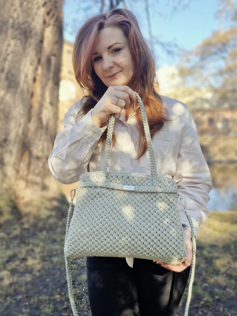 torebka ze sznurka, klasyczna torebka na wiosnę oliwkowa, torebka z uszami, modna torebka