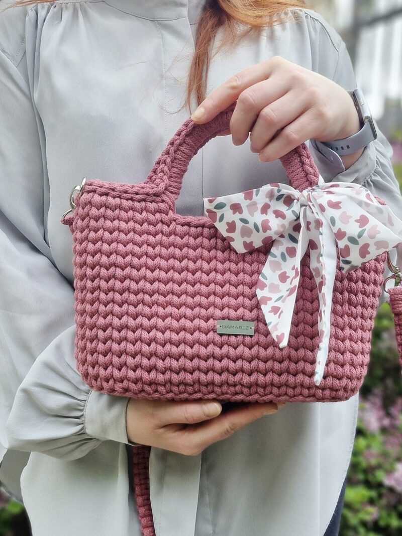 torebka z uchem na szydełku, torebka koszyczek klasyczna, torebka z kokarda różowa, torebka handmade do letniej sukienki