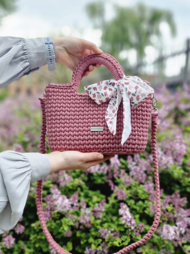 torebka z uchem na szydełku, torebka koszyczek klasyczna, torebka z kokarda różowa, torebka handmade do letniej sukienki